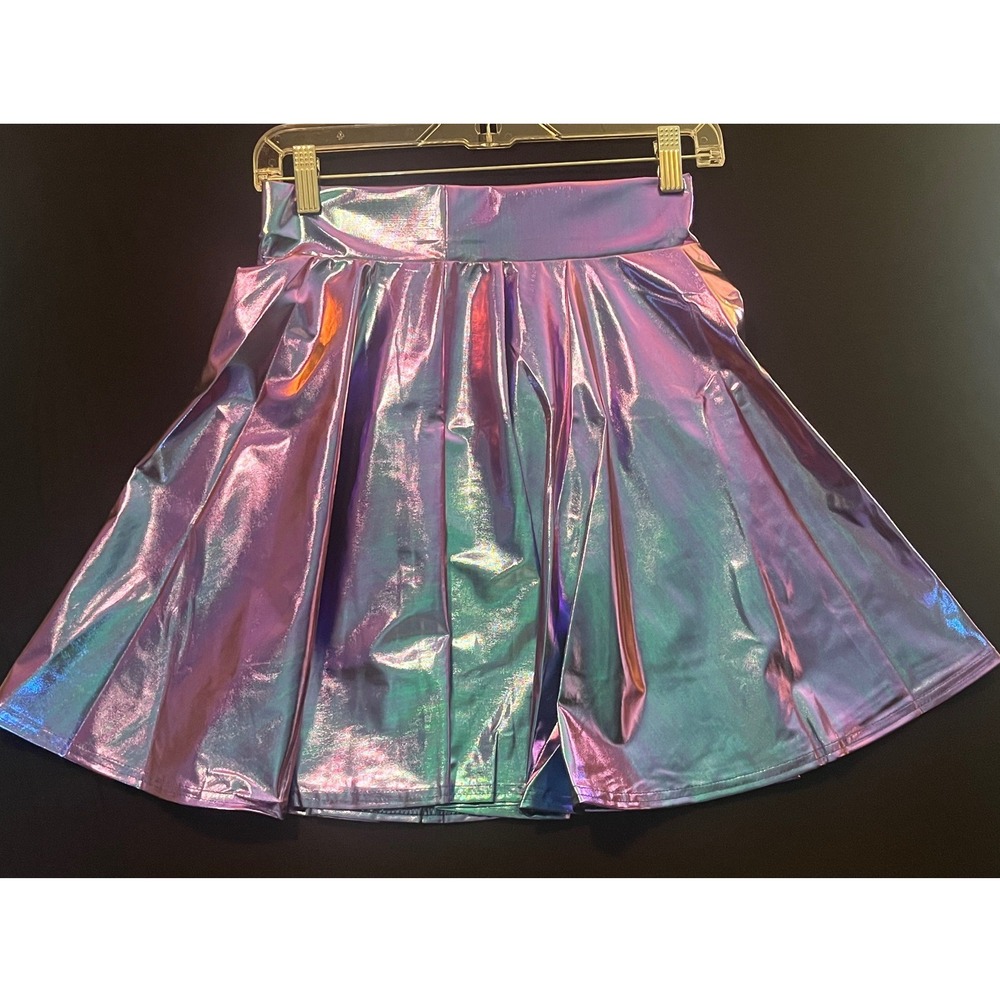 Purple Holographic Metallic Skater Skirt Iridescent High Waisted